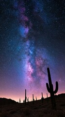 Fototapeta premium Vibrant Milky Way Galaxy Arches Over Silhouetted Desert Cacti Under A Starry Night Sky
