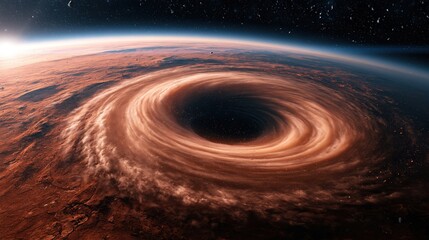 Fototapeta premium Cosmic Vortex of a Black Hole Swirling Through Space with Distant Stars and Planetary Horizon