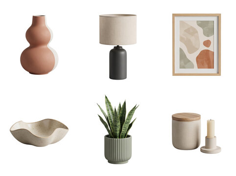 Collection of home decor including a vase, table lamp, framed abstract bowl, potted plant, and candle isolated on a transparent background