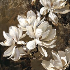 Fototapeta premium A stunning close-up of elegant white magnolia flowers against a warm, textured background. This artwork captures beauty and peace. Perfect for home decor or nature-themed projects. AI