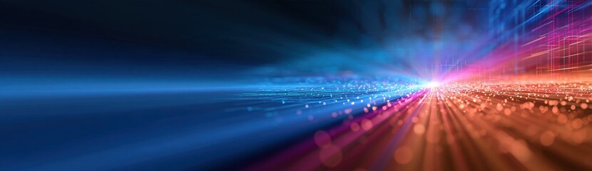 Fototapeta premium Abstract Digital Light Tunnel with Glowing Particles and Futuristic Cityscape