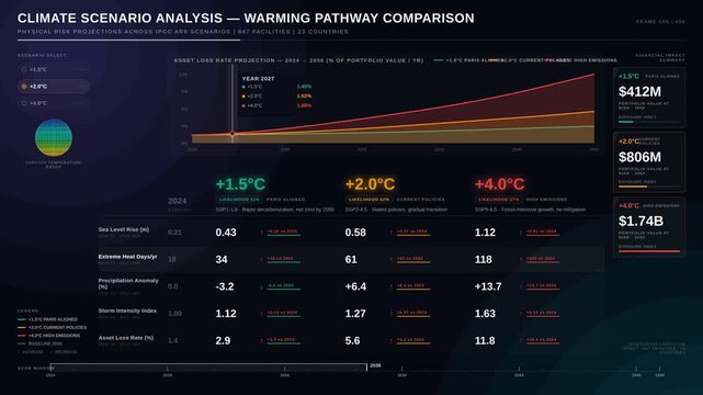Premium 4K climate scenario dashboard comparing warming pathways with animated risk metrics, asset loss charts, and financial impact summaries in a dark futuristic interface.