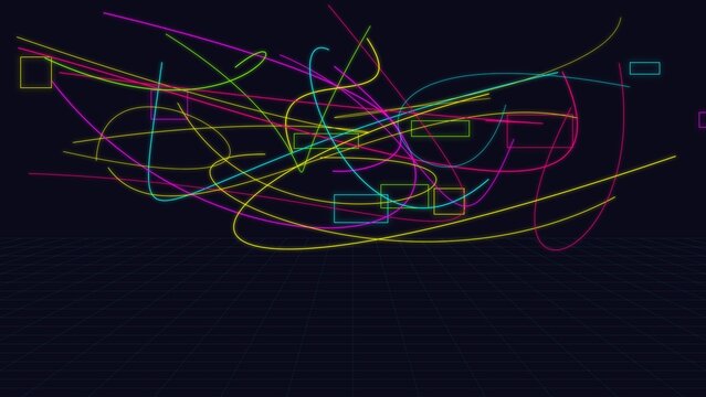 Abstract background, with colorful glowing, neon lines and, small rectangular shapes, floating over a, dark grid floor, digital light trails