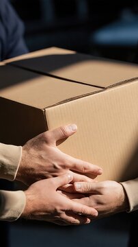 Hands exchanging a cardboard box parcel, signifying delivery, shipping, and logistics services