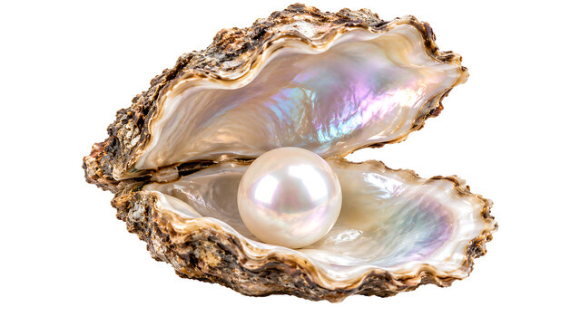 Iridescent oyster shell and perfectly rounded pearl showcasing delicate nacre textures and luminous colors for concepts of jewelry