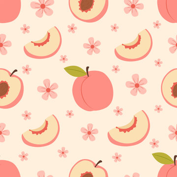 Handdrawn peach and blossom seamless pattern with ripe fruit slices