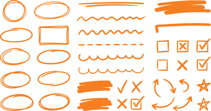 Hand drawn doodles, sketch elements with circle, oval, wavy, arrow, star effects. Marker strokes, checkbox frames with check, cross marks. Orange scribble, underline. Isolated on white background