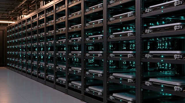 Massive Data Center Server Racks Illuminated by Futuristic Green LED Lights