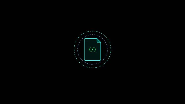 Seamless loop animation of a glowing cyan code file icon with dashed circular motion, set against a solid black background, representing smart contract compilation, highlighting blockchain elements.
