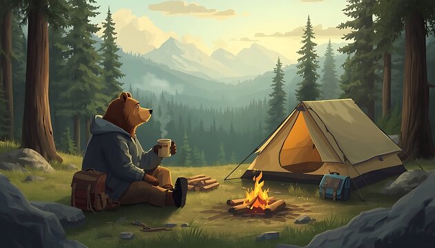 Happy Bear Enjoying a Peaceful Weekend Camping Trip