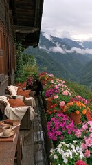 Fototapeta premium Cozy Balcony Retreat with Colorful Flowers and Mountain Views
