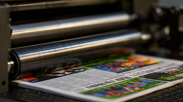 Elegant photo of Metal rollers of an industrial printing press process colorful newspaper pages in a workshop. Ideal for publishing industry and mass media concepts.