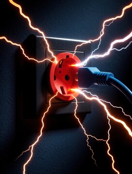 Red electrical outlet with blue plug connected to wall. Bright orange lightning bolts strike around socket on dark background. Concept of high voltage danger, electric shock risk, power surge short