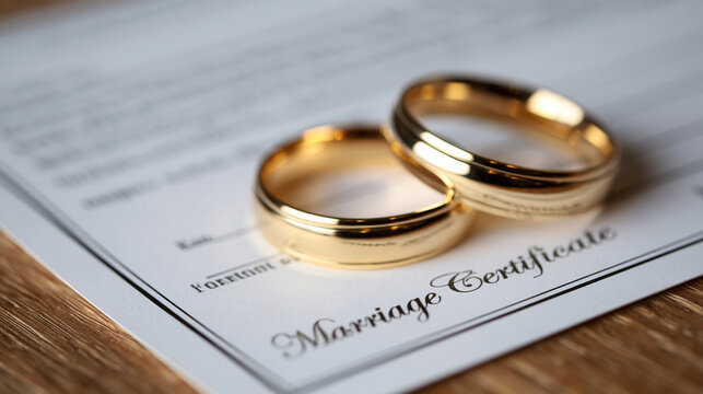 Elegant photo of Two gold wedding rings rest on a marriage certificate document over a wooden surface. Ideal for wedding planning and family law concepts.
