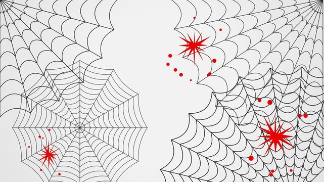 Spider webs and red splatters on white abstract background