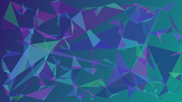 Abstract geometric triangle pattern with a gradient from deep blue to teal, low poly style background, with sharp angular, shapes and dark lines