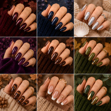 Cozy fall nail art featuring various colors and styles  