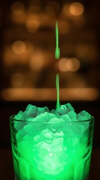 video of a smooth, vibrant neon green liquid pouring vertically from a spout into a clear glass filled with crushed ice cubes. The glowing green liquid cascades over the crystal-clear ice