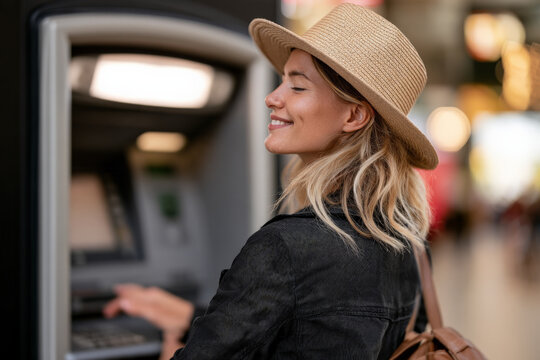 Smiling female traveler in a straw hat stands beside an outdoor ATM. Travel finance, tourist banking, cash withdrawal, urban journey.