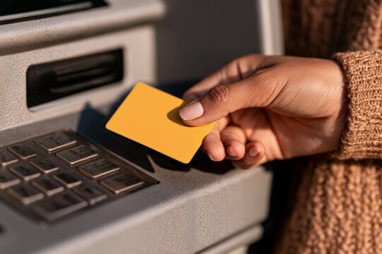 Woman presents a yellow bank card beside an ATM keypad in close up. Personal banking, card payment, cash access, financial service.