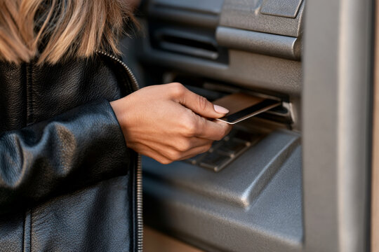 Close view of a woman in a black leather jacket inserting a card at an ATM. Card banking, cash access, urban lifestyle, financial service.