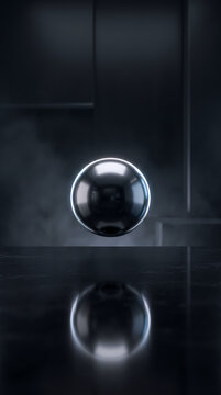 Minimalist reflection of a single smooth metallic sphere in a dark geometric frame with sharp corners