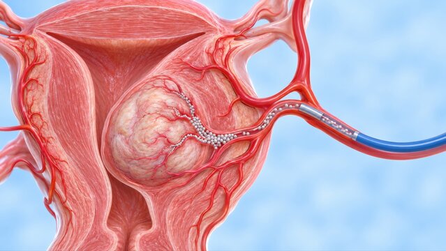Uterine artery embolization shown in premium clinical CGI with targeted vessel occlusion reducing blood supply to a fibroid on clean interventional radiology background.