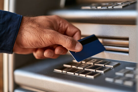 Man inserts a blue payment card into an ATM in a close up view. Cash withdrawal, personal banking, card access, financial service.