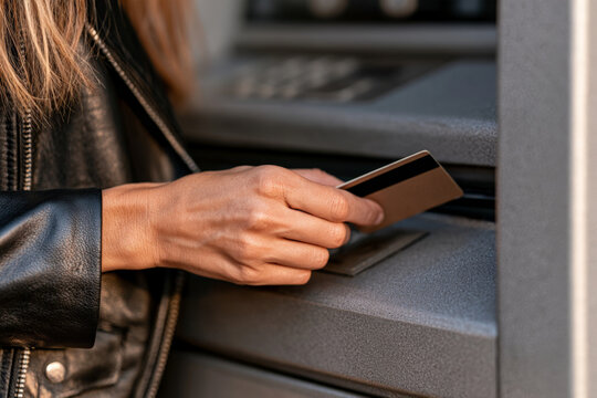 Woman in a black leather jacket uses a payment card at an ATM. Personal banking, card transaction, urban finance, cash access.