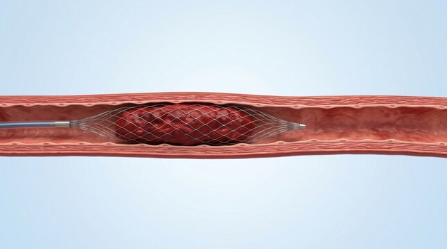 Mechanical thrombectomy shown in premium clinical CGI with a retrieval device removing a clot and restoring vessel patency on clean neurovascular intervention background.