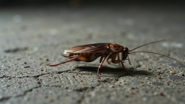 Glossy brown cockroach scurries across a textured concrete floor, cinematic rim light highlighting its antennae in a moody macro scene