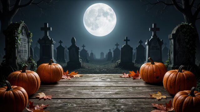 mockup wooden board with pumpkins for halloween party backdrop against a moody full moon graveyard scene for autumn event promotion