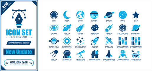 Space exploration icons including planets stars and rockets in blue for science and astronomy themes. © MdAsikur