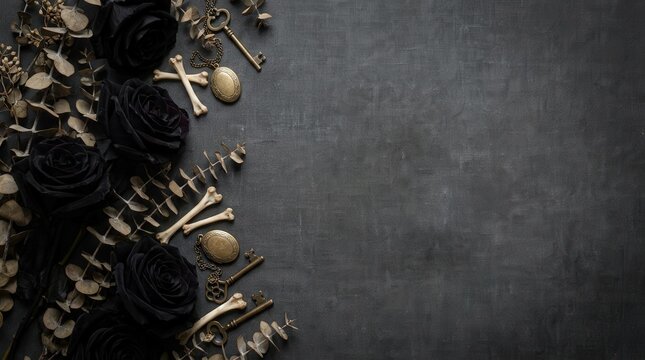 Elegant Halloween flat lay background with dark black roses, dry branches, and antique gold skeleton keys and bones on a dark grey textured surface with copy space
