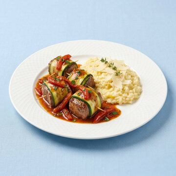 Lamb wrapped in zucchini with tomato sauce and lemon risotto with Parmesan cheese

