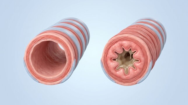 Normal and asthmatic bronchus shown side by side in matched clinical CGI, comparing open airway with smooth muscle constriction and mucus narrowing on a clean pulmonary background.
