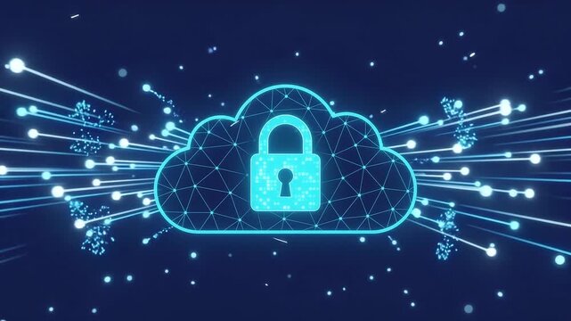 Secure cloud data stream with glowing network particles and padlock symbol