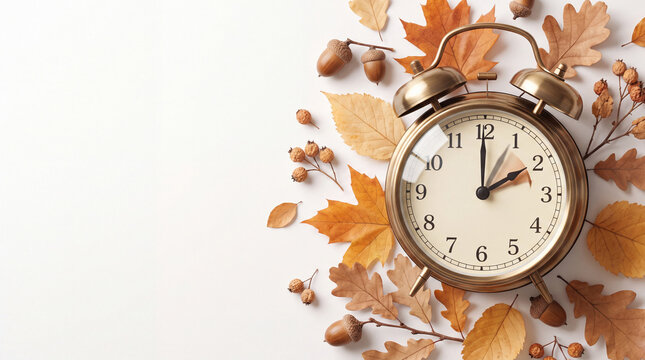 Vintage alarm clock among dry autumn leaves and acorns on a white background, representing the seasonal return to standard time in fall.