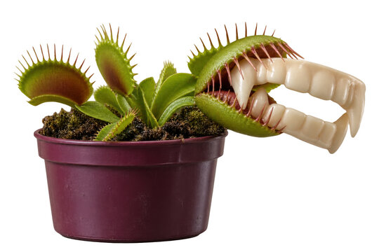 Venus flytrap plant with plastic vampire teeth