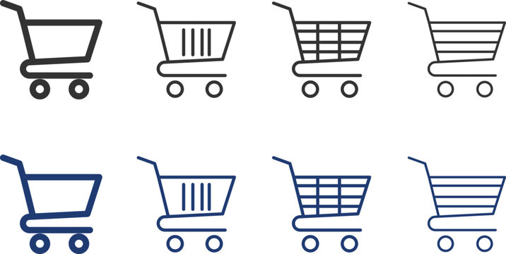 Eight shopping cart icons are displayed in varying line weights and shades of blue against a white background purchase retail commerce
