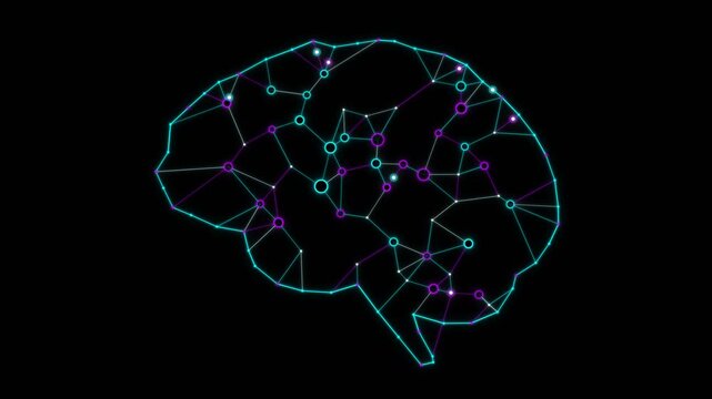 Flat 2D animation of a glowing cyan and purple neural network brain with connecting nodes on a black background in a seamless loop