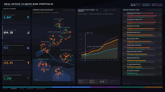 A detailed real estate climate risk dashboard showcasing property exposure, insurance costs, and resilience measures with vibrant glassmorphism elements and dynamic animations.