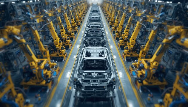 High angle view of modern car manufacturing assembly line with rows of yellow robotic arms building vehicles