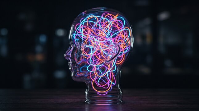 Abstract Mindscape: A transparent human head sculpture is filled with chaotic, colorful neon light trails, symbolizing complex thought processes and the intricate nature of the mind.
