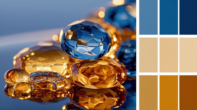 Abstract close-up of faceted golden and blue gems with a complementary color palette swatch