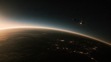 Fototapeta premium Orbital satellite view of Earth at sunrise with city lights illuminating the planet's surface