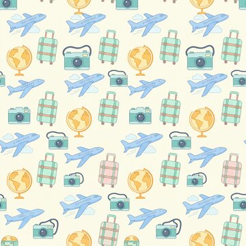 Seamless Travel Pattern with Airplanes Suitcases and Globes