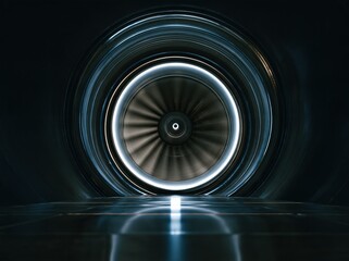 Fototapeta premium Inside a powerful jet engine turbine with glowing blue light and spinning blades