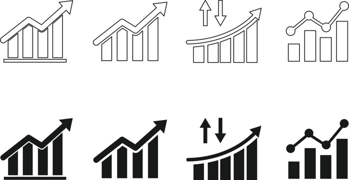 Growth chart icons depicting building with rising arrow and bar graph presented in linear and solid styles diagram increase progress development