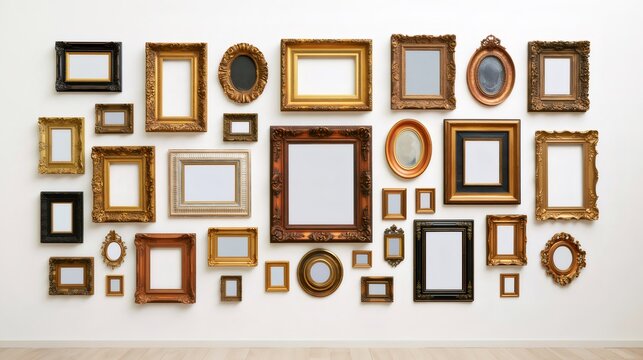 Empty antique ornate picture frames on wall